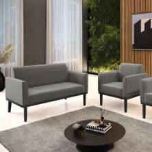 Conjunto Poltrona e Namoradeira Decorativa Isabella Pés Fixo em Madeira Preto Suede Grafite G19 - Gran Belo