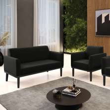 Conjunto Poltrona e Namoradeira Decorativa Isabella Pés Fixo em Madeira Preto Suede Preto G19 - Gran Belo