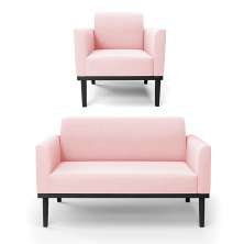 Conjunto Poltrona e Namoradeira Decorativa Isabella Pés Fixo em Madeira Preto Suede Rosa Bebê G19 - Gran Belo