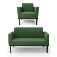 Conjunto Poltrona e Namoradeira Decorativa Isabella Pés Fixo em Madeira Preto Suede Verde G19 - Gran Belo
