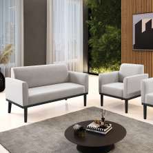 Conjunto Poltrona e Namoradeira Decorativa Isabella Pés Fixo em Madeira Preto Veludo Cinza G19 - Gran Belo