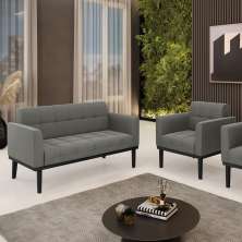 Conjunto Poltrona e Namoradeira Decorativa Karen Pés Fixo em Madeira Preto Suede Grafite G19 - Gran Belo