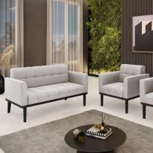 Conjunto Poltrona e Namoradeira Decorativa Karen Pés Fixo em Madeira Preto Veludo Cinza G19 - Gran Belo