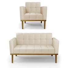 Conjunto Poltrona e Namoradeira Decorativas Karen Pés Fixo em Madeira Castanho PU Bege G19 - Gran Belo