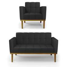 Conjunto Poltrona e Namoradeira Decorativas Karen Pés Fixo em Madeira Castanho PU Preto G19 - Gran Belo