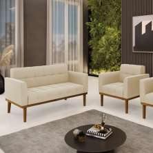 Conjunto Poltrona e Namoradeira Decorativas Karen Pés Fixo em Madeira Castanho Suede Bege G19 - Gran Belo