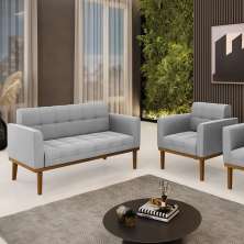 Conjunto Poltrona e Namoradeira Decorativas Karen Pés Fixo em Madeira Castanho Suede Cinza G19 - Gran Belo