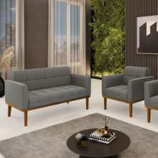 Conjunto Poltrona e Namoradeira Decorativas Karen Pés Fixo em Madeira Castanho Suede Grafite G19 - Gran Belo