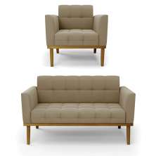 Conjunto Poltrona e Namoradeira Decorativas Karen Pés Fixo em Madeira Castanho Suede Nude G19 - Gran Belo