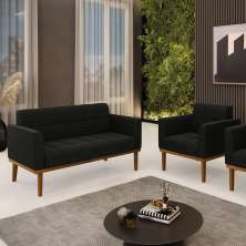 Conjunto Poltrona e Namoradeira Decorativas Karen Pés Fixo em Madeira Castanho Suede Preto G19 - Gran Belo