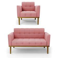 Conjunto Poltrona e Namoradeira Decorativas Karen Pés Fixo em Madeira Castanho Suede Rose G19 - Gran Belo