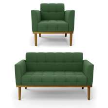 Conjunto Poltrona e Namoradeira Decorativas Karen Pés Fixo em Madeira Castanho Suede Verde G19 - Gran Belo