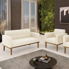 Conjunto Poltrona e Namoradeira Decorativas Karen Pés Fixo em Madeira Castanho Veludo Bege G19 - Gran Belo