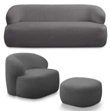 Conjunto Sala de Estar Decorativo Charlote 1 Sofá 180cm 2 Lugares 1 Poltrona Base Fixa com Puff Bouclê Grafite G88 - Gran Belo