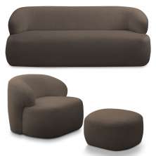 Conjunto Sala de Estar Decorativo Charlote 1 Sofá 180cm 2 Lugares 1 Poltrona Base Fixa com Puff Bouclê Marrom G88 - Gran Belo