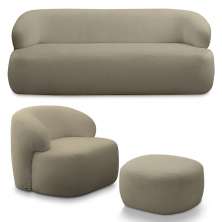 Conjunto Sala de Estar Decorativo Charlote 1 Sofá 180cm 2 Lugares 1 Poltrona Base Fixa com Puff Bouclê Nude G88 - Gran Belo
