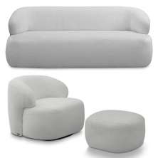 Conjunto Sala de Estar Decorativo Charlote 1 Sofá 180cm 2 Lugares 1 Poltrona Base Giratória em Aço com Puff Bouclê Cinza G88 - Gran Belo