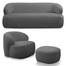 Conjunto Sala de Estar Decorativo Charlote 1 Sofá 180cm 2 Lugares 1 Poltrona Base Giratória em Aço com Puff Bouclê Grafite G88 - Gran Belo