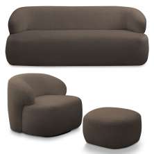 Conjunto Sala de Estar Decorativo Charlote 1 Sofá 180cm 2 Lugares 1 Poltrona Base Giratória em Aço com Puff Bouclê Marrom G88 - Gran Belo