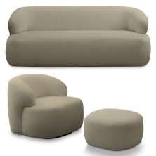 Conjunto Sala de Estar Decorativo Charlote 1 Sofá 180cm 2 Lugares 1 Poltrona Base Giratória em Aço com Puff Bouclê Nude G88 - Gran Belo