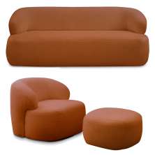 Conjunto Sala de Estar Decorativo Charlote 1 Sofá 180cm 2 Lugares 1 Poltrona Base Giratória em Aço com Puff Bouclê Terracota G88 - Gran Belo