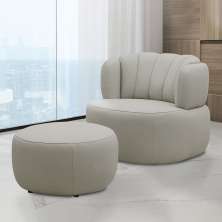Conjunto Sala de estar Decorativo Mariele Poltrona Base Giratória em Aço com Puff Couro Bege G88 - Gran Belo
