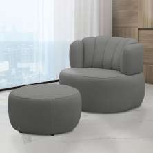 Conjunto Sala de estar Decorativo Mariele Poltrona Base Giratória em Aço com Puff Couro Grafite G88 - Gran Belo
