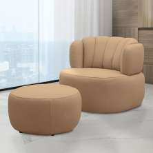 Conjunto Sala de estar Decorativo Mariele Poltrona Base Giratória em Aço com Puff Couro Nude G88 - Gran Belo
