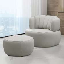 Conjunto Sala de estar Decorativo Mariele Poltrona Base Giratória em Aço com Puff Couro Off White G88 - Gran Belo