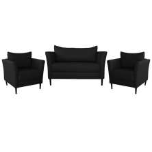 Conjunto Sofá 2 Lugares com 2 Poltronas Pés Palito Lubbock Couro Preto G58 - Gran Belo