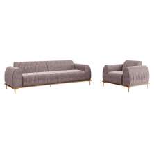 Conjunto Sofá 3 Lugares e Poltrona Base de Madeira Euro 210 cm Veludo Rosê G15 - Gran Belo