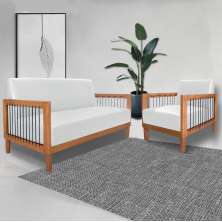 Conjunto Sofá Namoradeira e Poltrona Sala de Estar Pés Madeira Maciça Corda Náutica Preta Manila PU Branco G63 - Gran Belo