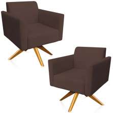 Kit 02 Poltronas Decorativas Isabella Base Giratória Madeira Suede Marrom G19 - Gran Belo