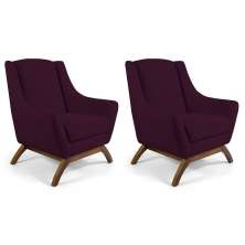 Kit 02 Poltronas Decorativas Sala de Estar Base de Madeira Naomi Veludo Roxo Grape G15 - Gran Belo