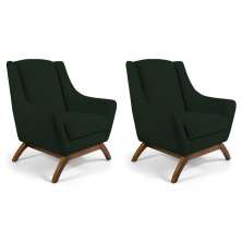 Kit 02 Poltronas Decorativas Sala de Estar Base de Madeira Naomi Veludo Verde Musgo - Gran Belo