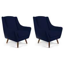 Kit 02 Poltronas Decorativas Sala de Estar Pés de Madeira Naomi Veludo Azul Marinho G15 - Gran Belo