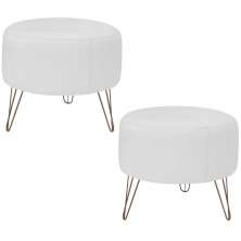 Kit 02 Puffs Decorativos Redondo Pés Metal Couro Branco Fosco - Gran Belo