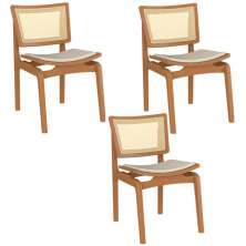 Kit 03 Cadeiras Decorativas Sala de Jantar Madeira Champagne Ravi Linho Bege G60 - Gran Belo