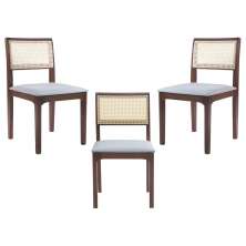 Kit 03 Cadeiras Sala de Jantar Madeira Maciça Nivea Tela Rattan Sextavano Linho Cinza/Amêndoa G55 - Gran Belo