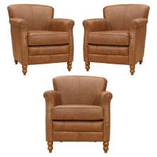 Kit 03 Poltronas Decorativas Sala de Estar Brunei Pés Madeira Couro Mel - Gran Belo