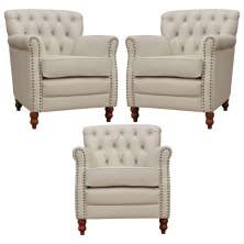 Kit 03 Poltronas Decorativas Sala de Estar Níger Pés Madeira Couro Off White G58 - Gran Belo