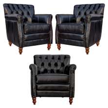 Kit 03 Poltronas Decorativas Sala de Estar Níger Pés Madeira Couro Preto G58 - Gran Belo