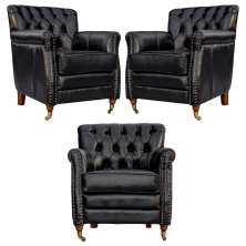 Kit 03 Poltronas Decorativas Sala de Estar Níger Pés Príncipe Couro Preto G58 - Gran Belo