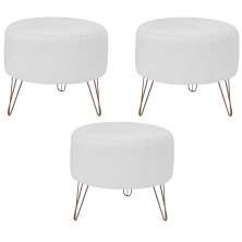 Kit 03 Puffs Decorativos Redondo Pés Metal Couro Branco Fosco - Gran Belo
