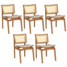 Kit 05 Cadeiras Decorativas Sala de Jantar Madeira Champagne Ravi Linho Bege G60 - Gran Belo