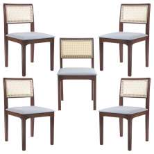 Kit 05 Cadeiras Sala de Jantar Madeira Maciça Nivea Tela Rattan Sextavano Linho Cinza/Amêndoa G55 - Gran Belo