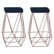 Kit 2 Banqueta Decorativa Kathy Base Bronze Veludo Azul G41 - Gran Belo