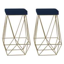 Kit 2 Banqueta Decorativa Kathy Base Gold Veludo Azul G41 - Gran Belo
