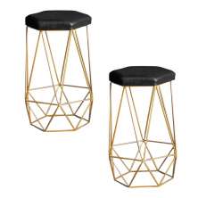 Kit 2 Banqueta Decorativa Rubel Base Gold PU Sintético Preto G41 - Gran Belo