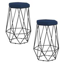 Kit 2 Banqueta Decorativa Rubel Base Preta Veludo Azul G41 - Gran Belo
